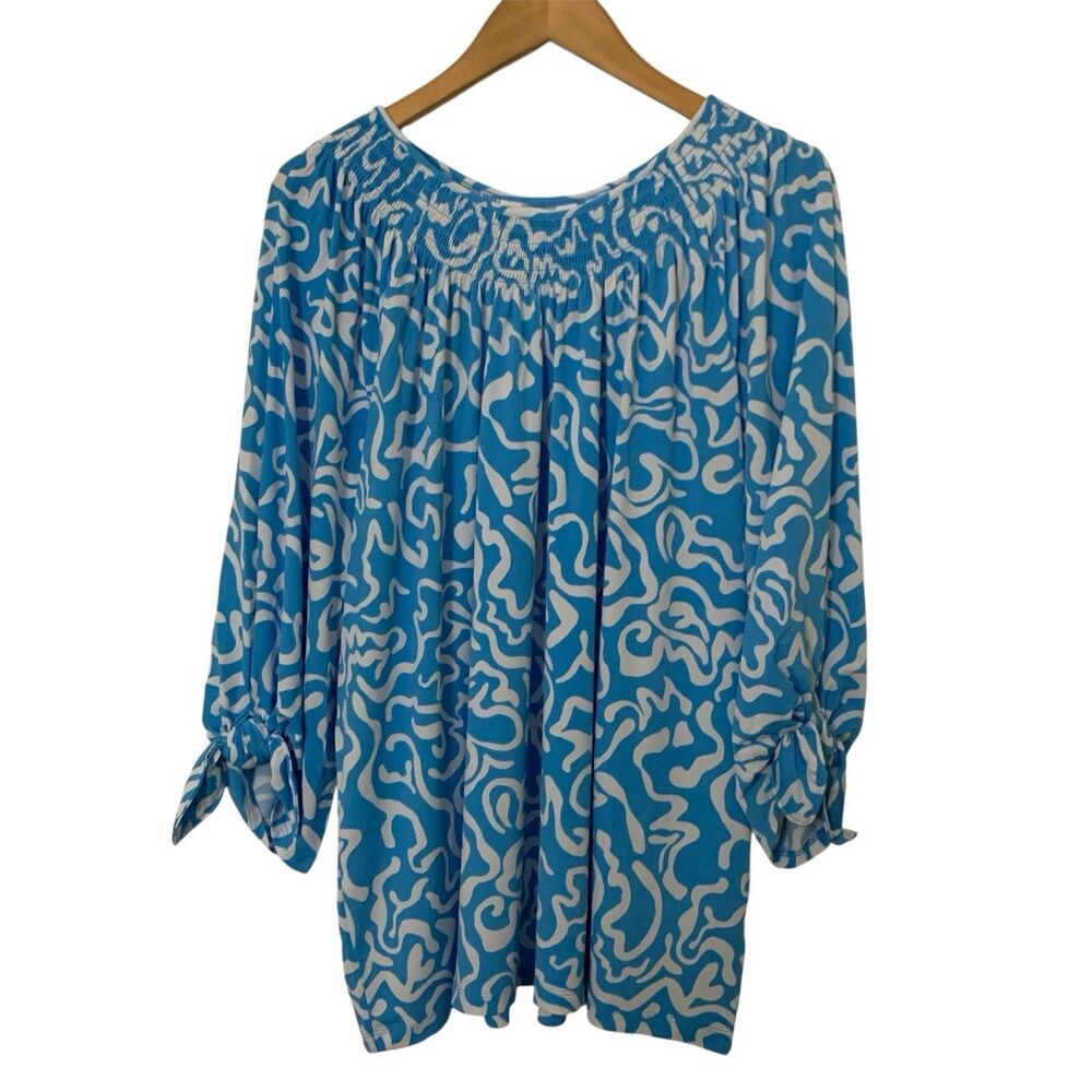 Susan Graver Liquid Knit Smock-Neck 3/4 Sleeve Top Tie Detail Blue White Size XL